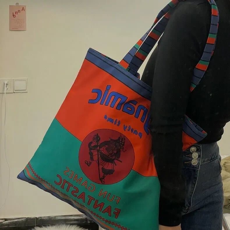 泰国小众神话撞色包户外沙滩出行女托特印花学生单肩包购物袋