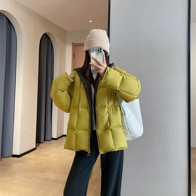 90白鸭绒方格廓形拼接针织连帽假两件羽绒服外套女2025冬季新款